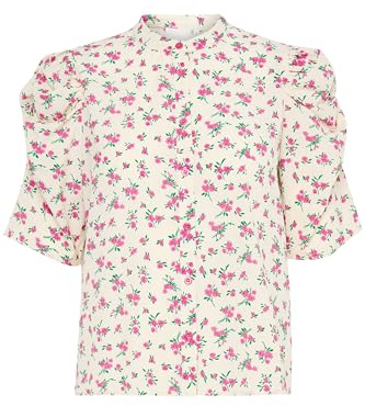 Ichi IXNINA Damen Bluse Shirt Kurzarmbluse mit Knöpfen Puffärmel Regular fit, Größe:40, Farbe:Almond Milk w. Pink Flower (204387)