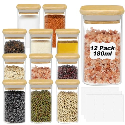 YUEYEE Glass Spice Jars with Lids and Labels,12 Pack 6oz/180ml Small Square Glass Storage Jars with Lids for Spice,Salt,Seeds,Sugar Coffee Tea Storage Canisters