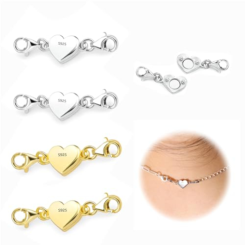 925 Herz Magnetverschluss Kette 4 Stück Gold + Silber Armband Verschluss con Doppelter Karabinerverschluss Anti-Rost Verschlüsse aus Sterlingsilber für Armbänder,Fußkettchen,DIY-Schmuckherstellung
