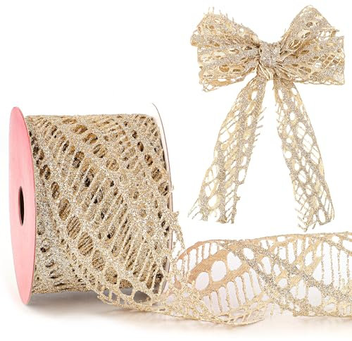 914cm Satinband, Glitzer Weihnachtsbaum Band Girlande Weihnachtsband Drahtband zum Schleifenmachen Basteln Kr?nzen Zubeh?r Geschenkverpackungen (Gold)