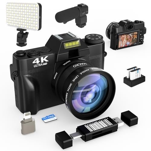 4K Digital Cameras for Photography - 48MP Video Camera for Vlogging with 180° Flip Screen, WiFi, 32GB TF Card, Wide-Angle & Macro Lens, External Microphones YouTube Vlogging Camera