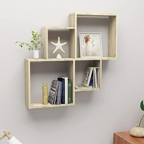 puraday Wandregale Wohnzimmer Schweberegal Sonoma-Eiche 80x15x78,5 cm Holzwerkstoff Stilvolle Würfel-Wandregal Hängeregal mit Offenen Fächern Bücherregal Lagerung von Sammlerstücke