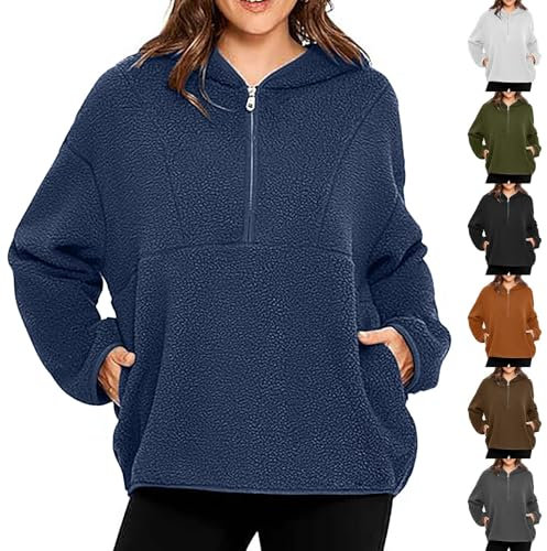 biJerou Damen Pullover Winter Elegant Langarm Oversize - Half Zip Grau Fleece - Hoodies Fuzzy Fleece Quarter Zip Sweatshirts Outfits with Pockets Kapuzenpulli Damen Mit Reißverschluss Größe 40 42