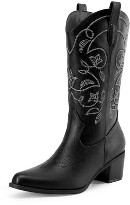 DREAM PAIRS Cowboy Boots for Women Cowgirl Western Boots Fashion Embroidery Stitched Chunky Heel Mid Calf Boots,Size 7,Black-Pu,DWUMMB2504