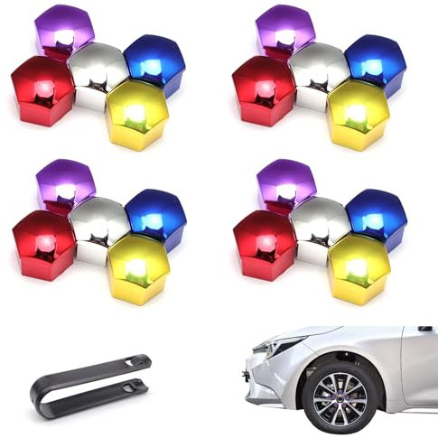 YFaith 20 Stück Radschraubenkappen, 17 mm Radschrauben Abdeckung, mit Entfernungswerkzeug, 5 Farben Radmuttern Kappen, Staubdicht Kappen für Radmuttern, Sechseckige, Dekoration