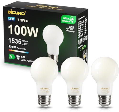 DiCUNO Edison LED Lampe E27, Classic ultraeffiziente Birne, A Label, 7,3W, Ersatz für 100W Glühbirne, Warmweiß 2700K, 1535lm, 360°, Matt, Energieeffizienzklasse A, A60 LED Leuchtmittel, 3er Pack