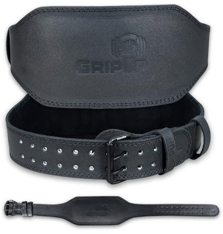 GripUp Weight Lifting Belt 4” 6” Leather Gym Belt Padded Lumbar Back Support for Powerlifting Deadlifts Squats Bodybuilding & Strength Training Fitness Adjustable Holes Men Women - Black 6Inch, M