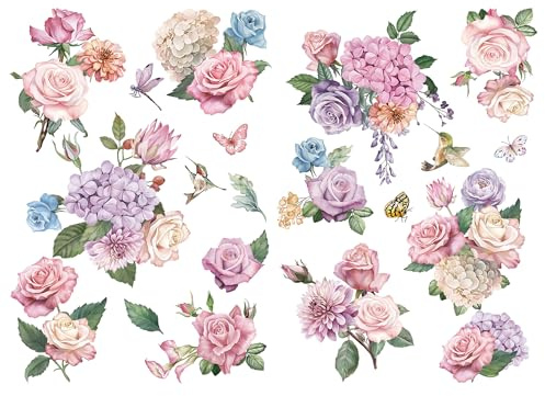 Joeyan 2 Stück Rub On Sticker Blumen, Groß Möbelaufkleber 42x30cm, Folie Transferaufkleber zum Basteln & Dekorieren DIY Handwerk auf Holz Glas Metall Leinwand Porzellan Papier Kunststoff (Rosenstrauß)