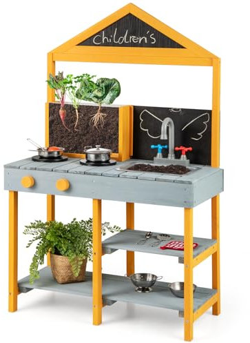 GYMAX Kids Mud Kitchen, Outdoor Toy Kitchens with Root Viewer Planter, Faucet, Removable Sink, 2 Chalkboards, Shelves & Cookware Accessories, Wooden Play Kitchen for 3+ Years Old (Blue+Yellow)