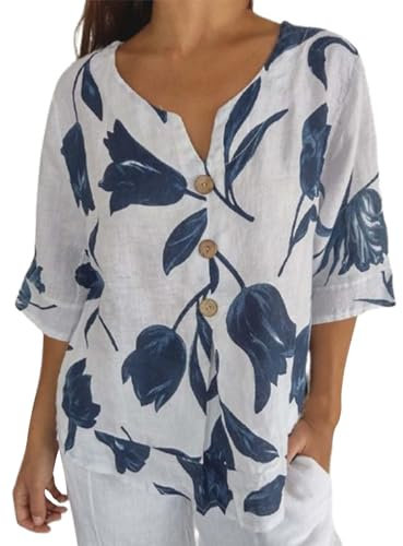 Linen Tops for Women UK Plus Size 22-24 Size 18 Linen Spring Tunics Clearance Womens Plus Travel Tshirt Top Summer Casual Gifts Fit Blouse Tunic Floral Print Tee Short Sleeve Top