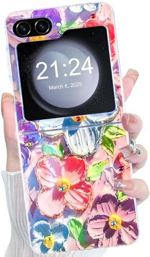 Designed for samsung Galaxy Z Flip 6 Case, Colorful Retro Oil Painting Printed Flower Glossy Pattern Cute Exquisite Stylish Durable TPU Protective Phone Cover for Girls Women (Floral)