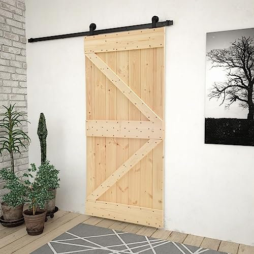Higsose Porta scorrevole in legno di pino massiccio, porta interna per soggiorno, camera da letto, ufficio o cucina, design moderno, marrone e nero, 80 x 210 cm
