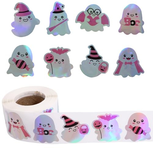 Penitue Rotolo da 500 Adesivi a Forma Fantasma Halloween, Simpatici Fantasmi Rosa Autoadesivi per Articoli Feste Artigianato Sacchetti Caramelle Bottiglie D'acqua Album Ritagli e Fai Da Te (8 Design)