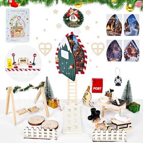 Corpower Porta Elfo Natale Kit, Porticina Elfo Natale Legno Accessori, Accessori Elfo Casetta delle Bambole di Natale per Bambini Regalo di Natale, Decorazioni Natalizie Regali per Bambini Set