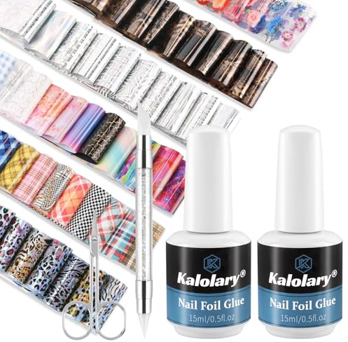 Kalolary Nail Foil Glue Gel with NailsTransfer Stickers | Lace Flower Transfer Stickers DIY Decoration for Nail Art Salon or Home Use (60P+ Foil Glue)