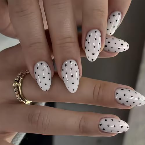24Pcs Press on Nails Almond Medium, Cute Fake Nails with Polka Dot Design, Long Lasting No Lifting, Glossy False, Full Cover Stick on Nail For Polka Dot Fashion (Style C)
