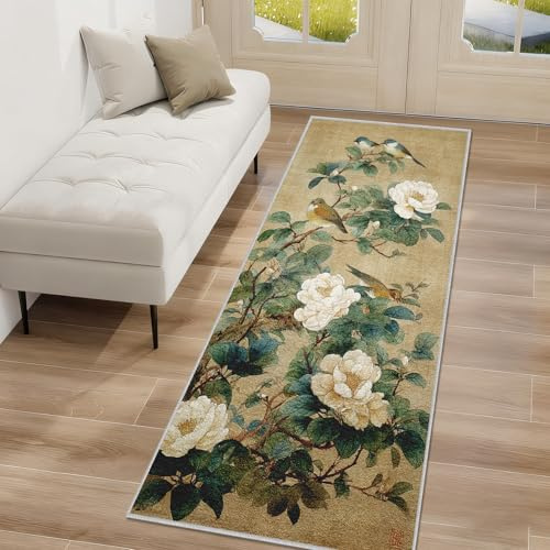 Chinesisch Blumen Vögel Läufer Teppich Flur 80x200cm Waschbar Orientalisch Blüten Teppichläufer Rutschfest Kurzflor Teppich Läufer für Eingang, küche, Schlafzimmer, Wohnzimmer, Korridor GUb33