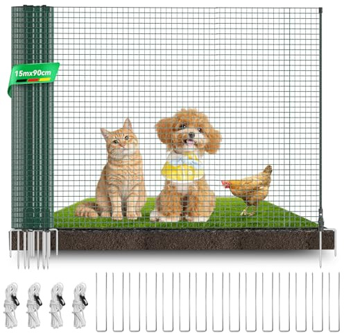 Warmfay Mobiler Begrenzungszaun, 15m x 90cm Engmaschig Hühnerzaun Komplett-Set mit 9 Fiberglaspfähle + 15 U-Heringe, Einfacher Aufbau, Wetterfest & UV-Beständig Weidezaun für Camping, Garten, Hof