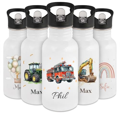smartaini Personalisierte Trinkflasche für Kinder mit Namen – Auslaufsichere Edelstahl Trinkflasche Kindergarten & Schule – Robuste Wasserflasche mit Sportverschluss & Griff (Feuerwehrauto)