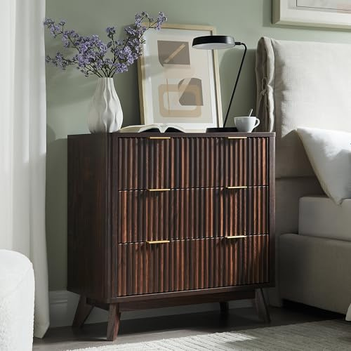 AetherWood Rillen-Nachttisch mit 3 Schubladen, 81 cm Moderner Rillen-Beistelltisch mit Melaminplatte in Marmor-Optik, Gewölbtes Design, Für Schlafzimmer & Wohnzimmer (Dunkel-Walnuss)