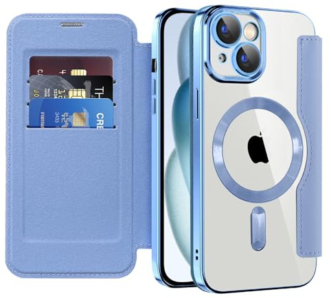 Techsuit für iPhone 15 Flip Wallet Hülle mit Kartenfach, Magnetring Kompatibel, RFID Schutz, Stoßfest, Standfunktion, SmartMag Book Case, PU Leder, Hellblau