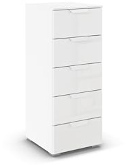 Rauch Möbel ADITIO, Kommode, Farbe Glas Weiß, Breite 40 cm | Highboard im modernen Look, 5 Schubladen, Glasfront, Soft-Close-Funktion, für Schlafzimmer, Gästezimmer, Wohnzimmer, Flur