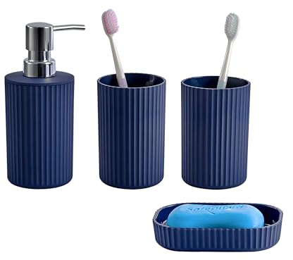 Novel Solutions Premium 4-Piece Bathroom Accessories Set – Matt Grey Rubber-Coated Soap Dispenser, Soap Dish, 2 Tumbler Cups & Toothbrush Holder – Modern Vanity Organiser Kit (Blue Finish)