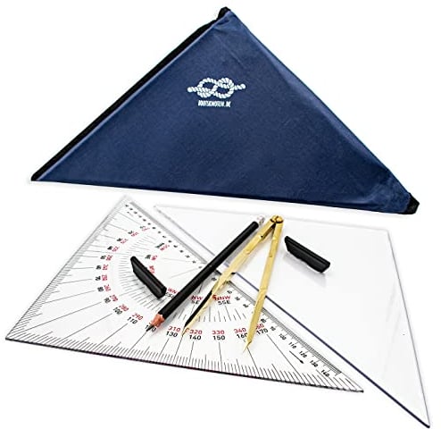 Navigationsbesteck für den Sportbootführerschein SBF See & Binnen | Navigationszirkel, Kursdreieck & Anlegedreieck (je 33cm), Bleistift und Tasche | Navigationsset perfekt für unterwegs