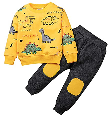 amropi Ragazzi Tuta Dinosauro Stampato Felpa e Jogging Pantaloni 2 Pezzi Completo Bambino Set Giallo Nero, 4-5 Anni