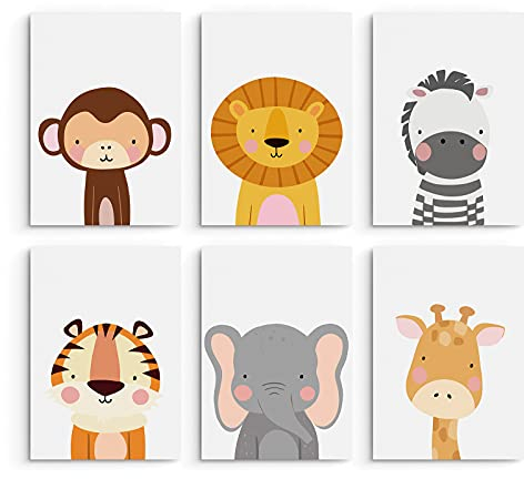 Hambient Poster Kinderzimmer - Bilder Babyzimmer Deko, Junge, Mädchen - Wandbilder, Kinderposter, Dekoration - 6er Bild Set (30 x 40 cm - Ohne Rahmen, Tiere Safari Afrika)