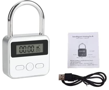 Kellegour Digitale Zeitschloss,mit LCD-Display Multifunktionaler,99 Stunden Max Timing Lock,Intelligentes Zeitschloss,Wiederaufladbares USB Sicherheits Vorhängeschloss,Kontrolle über Handysucht,Silber