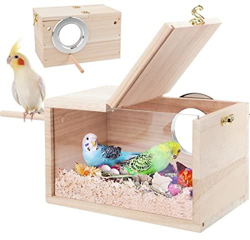 RANYPET Budgie Nesting Box, Wooden Parrot Nest Box with Perch, S | Transparent Viewing Panel, Hinged Lid, Cage Bolt Mount, Wooden Nest Box, Perch, 12 x 12 x 19.5 cm, Budgies Lovebirds