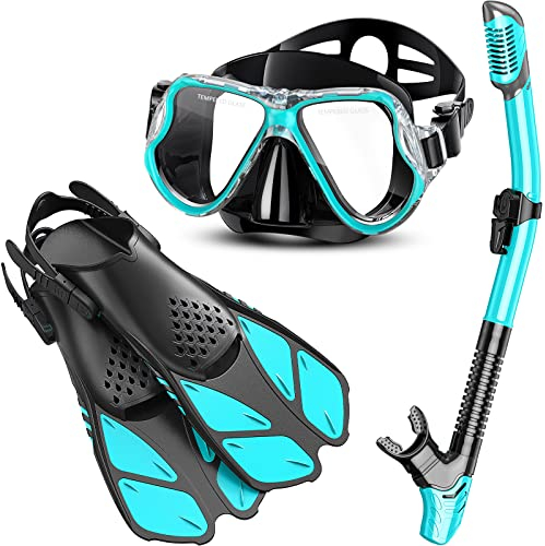 Zenoplige Schnorchelset Erwachsene mit Flossen, Anti-Fog Panorama Taucherbrille, Dry Top Schnorchel und Schwimmflossen, 3 in 1 Schnorchel Set für Schwimmen, Tauchen