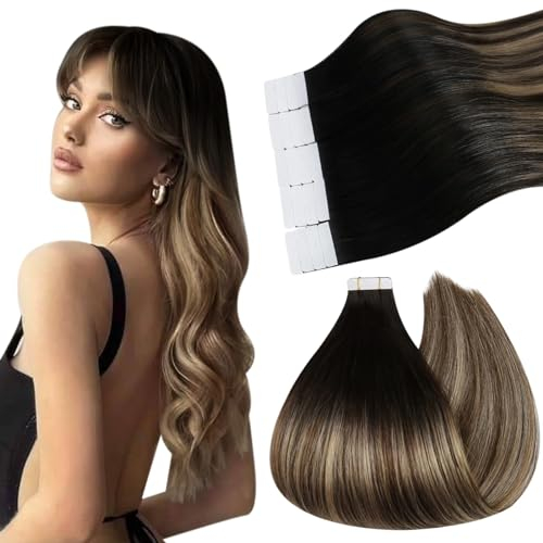 Ugeat Extensions Echthaar Tape in 40cm Remy Echthaar Extensions Tape 50g Schwarz bis Dunkelbraun mit Goldblond Seamless Extensions Echthaar Tape Extensions Echthaar Tapes 20 Stück #1B/4/27