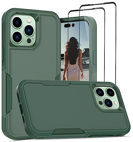 Jeylly Compatible with iPhone 14 Pro Max Case, with [2 Pack] Tempered Glass Screen Protector, Shockproof Full Body Protective Anti Scratch Matte Hard Cover for iPhone 14 Pro Max 6.7'', Green