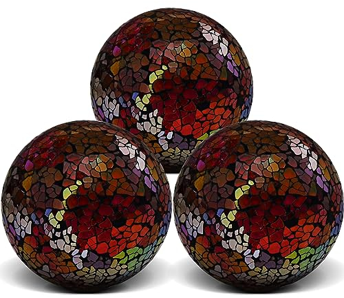 Yatinkim 8.5cm Decorative Glass Balls Set of 3 Centerpiece Sphere Mosaic Orbs Reddish Black Solid Crackl Sphere Decor Bowls Vases Dining Tables Wedding