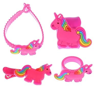 DRESSOOS 4 Stück Einhornring Kinder Einhorngeschenke Für Mädchen Einhorn Party Armreif Armband Mit Tierschnappverschluss Geburtstag Einhorn Spielzeug Einhorn Gummiband Haar Partybedarf Baby