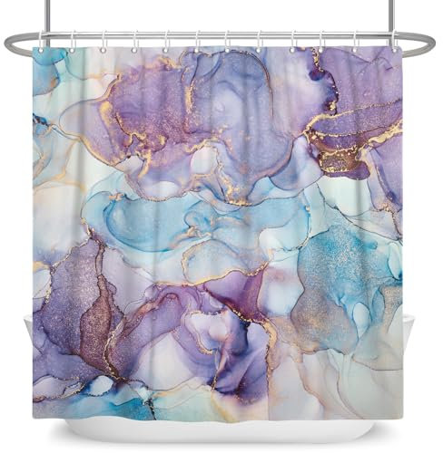ASDCXZ Marmor Duschvorhang 180x200 cm, Modern Abstrakt Lila Blau Weiß Gold Bunt Marmor Optik Textur Waschbar Bad Duschvorhänge Polyester Textil Wasserdicht Duschvorhang für Badewanne mit 12 Haken