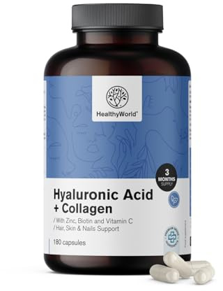 HealthyWorld Hyaluronsäure + Kollagen-Komplex - 180 Pflanzenkapseln | Mit Zink, Vitamin C, Biotin und Selen, Für Haare, Nägel und Haut, 1000 mg hydrolysiertes Kollagen
