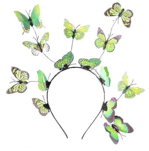 NiceYnn Bandeau Papillon Cheveux Femme Serre-tête Elastique avec 14Pcs Aléatoire 3D Papillons pour Mariage Photographie Halloween Cosplay Déguisement Vert