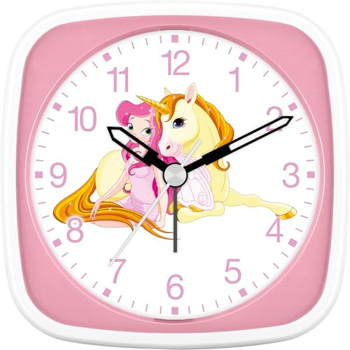 27016-22-EUROTIME - Reloj despertador infantil de cuarzo con segundero y diseño de unicornio con hada, carcasa de plástico rosa/blanca y cubierta de plástico
