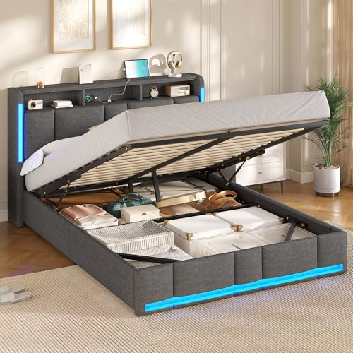 AOGLLATI Polsterbett 160×200 mit Steckdosen & LED Beleuchtung, Doppelbett 160x200 mit Stauraum Kopfteil & Hydraulischem Stauraum, Bettgestell mit Lattenrost,Jugendbett, Linen, Ohne Matratze,Dunkelgrau