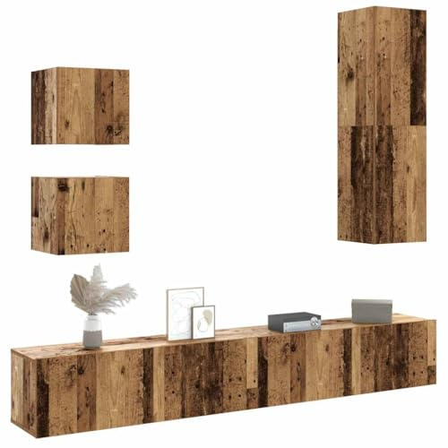 YUOTYRKTEJRSG TV Schrank Set 5-TLG. Wandmontage Wohnzimmer, Möbel Altholz Optik Holzwerkstoff mit Stauraum, Moderner Fernsehschrank für TV Geräte und Deko