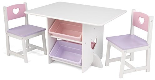 KidKraft Herz Kindertisch mit Stauraum und 2 Stühlen aus Holz - Kindersitzgruppe mit Aufbewahrungsbox, Kinder Tisch Stuhl Set, Kinderzimmer Möbel, 26913