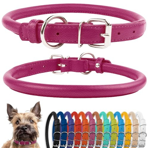 CollarDirect Collier de Chien en Cuir roulé, Collier de Chiot Rond rembourré Doux, Collier en Cuir véritable Fait à la Main pour Petit Grand Collier de Chat 13 Couleurs (23-28 cm, Rose texturé)