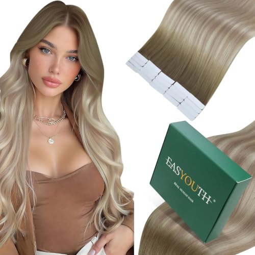 Easyouth Tape in Echthaar Extension Ombre Tape in Extensions Aschbraun Platinblond und Aschblond Mischen Haare mit Tape Extension Echthaar Remy Glatt 24 Zoll 50g #8/60/18