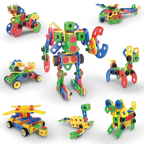 PicassoTiles 152 Pieces Building Block Set Kid Toy STEM Construction Sensory Toys Gifts Engineering Kit Educational w/Idea Book Design Guide, Storage Carry Box, Power Drill, Ratchet, Age 3+ PTN152