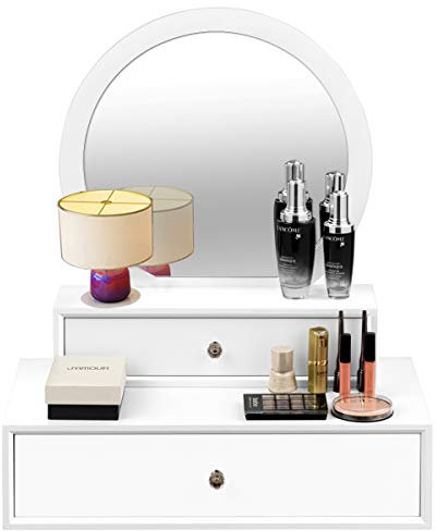 COSTWAY Miroir de Maquillage sur Coiffeuse Coiffeuse à Poser avec 2 Tiroirs Amovible pour Ranger Cosmétiques Montage sur Table ou Mural,Convient pour Le Dressing et la Chambre à Coucher Blanc