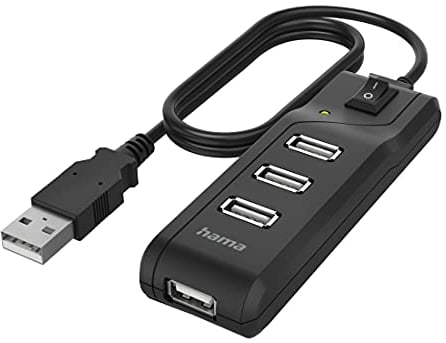 Hama USB Hub 4 Ports mit Schalter (High-Speed Datenübertragung, 4x USB-A für Maus, USB-Stick, usw., 1,8m langes Kabel, Multiport Adapter, USB Adapter 4in1 für Büro, Homeoffice und unterwegs), 00200118, Schwarz