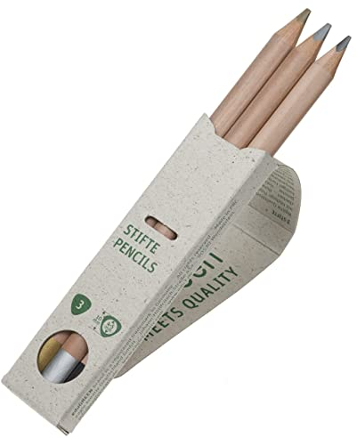 eduGREEN® – 3-farbiges Stifte-Set mit 5mm Qualitätsmine (Gold, Silber, Graphit) in Graskarton-Schachtel. Holz aus zertifiziertem Anbau, wasserlöslicher Lack und biologisch abbaubare Prägefolie
